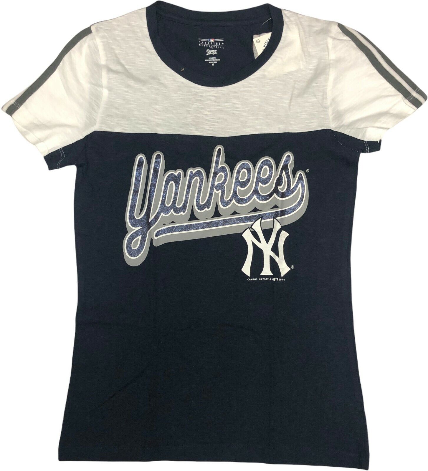 New York Yankees Women's Short Sleeve T-Shirt Sparkle Letters Navy XS