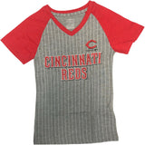 Cincinnati Reds Girl's V-Neck Pin Stripe Barnhart #16 T-Shirt Gray Red 6/6X