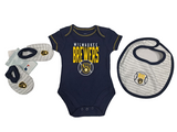 Milwaukee Brewers MLB 3 Piece Infant Boy's Bib Booties & Bodysuit Set Newborn