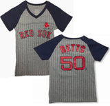 Boston Red Sox Mookie Betts #50 V-Neck Girl's Name Number 2 Sided Jersey T-Shirt