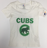 Chicago Cubs MLB Women’s Green Sparkle Graphic V-Neck T-Shirt Small 4/6