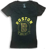 Boston Bruins NHL Women's Vintage Distressed Logo V-Neck Shirt Charcoal Gray